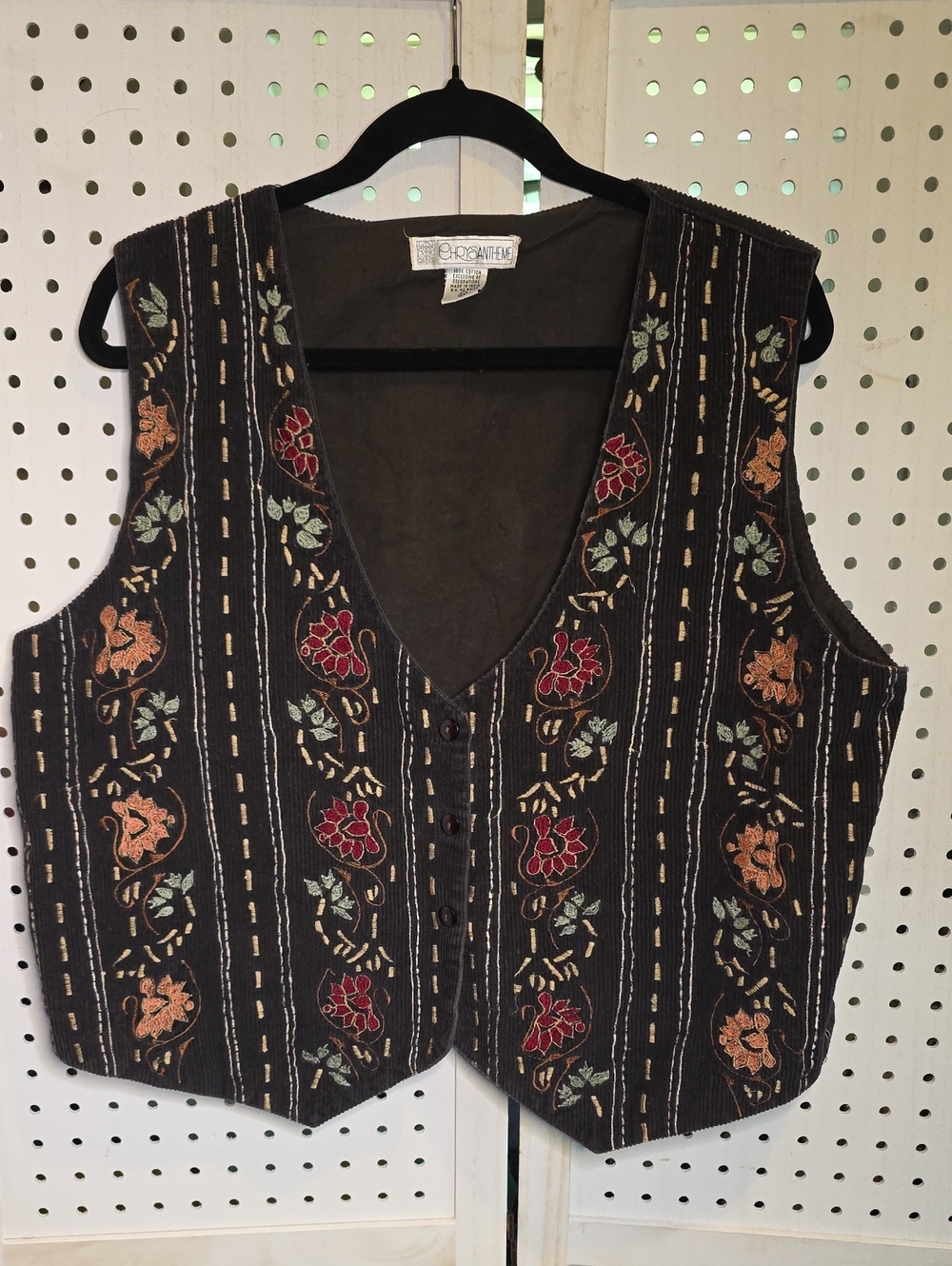 Vintage Corduroy Embroidered Floral Button-Front Vest 2X ChrysAntheme Brown